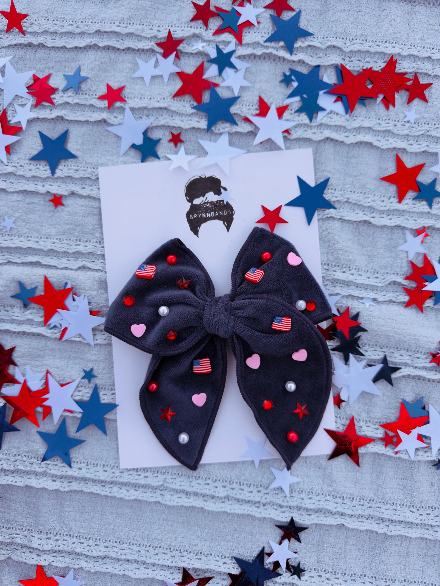 Navy Blue Bow, 4th of July Beaded Bow, Brynnbands