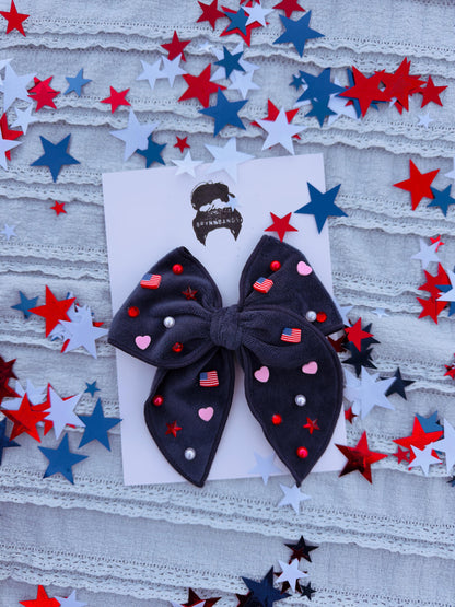 Navy Blue Bow, 4th of July Beaded Bow, Brynnbands
