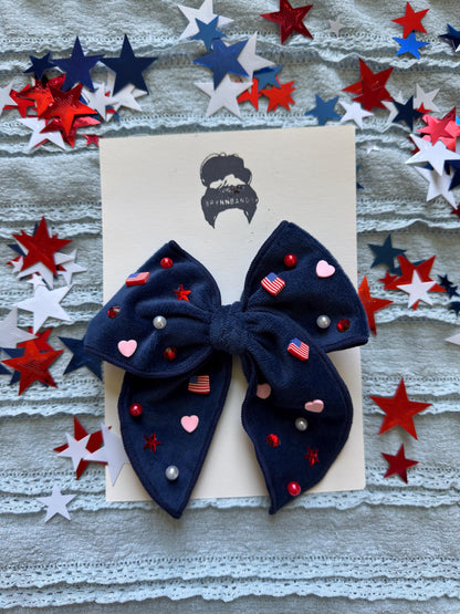 Navy Blue Bow, 4th of July Beaded Bow, Brynnbands