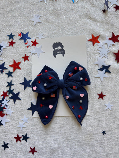 Navy Blue Bow, 4th of July Beaded Bow, Brynnbands
