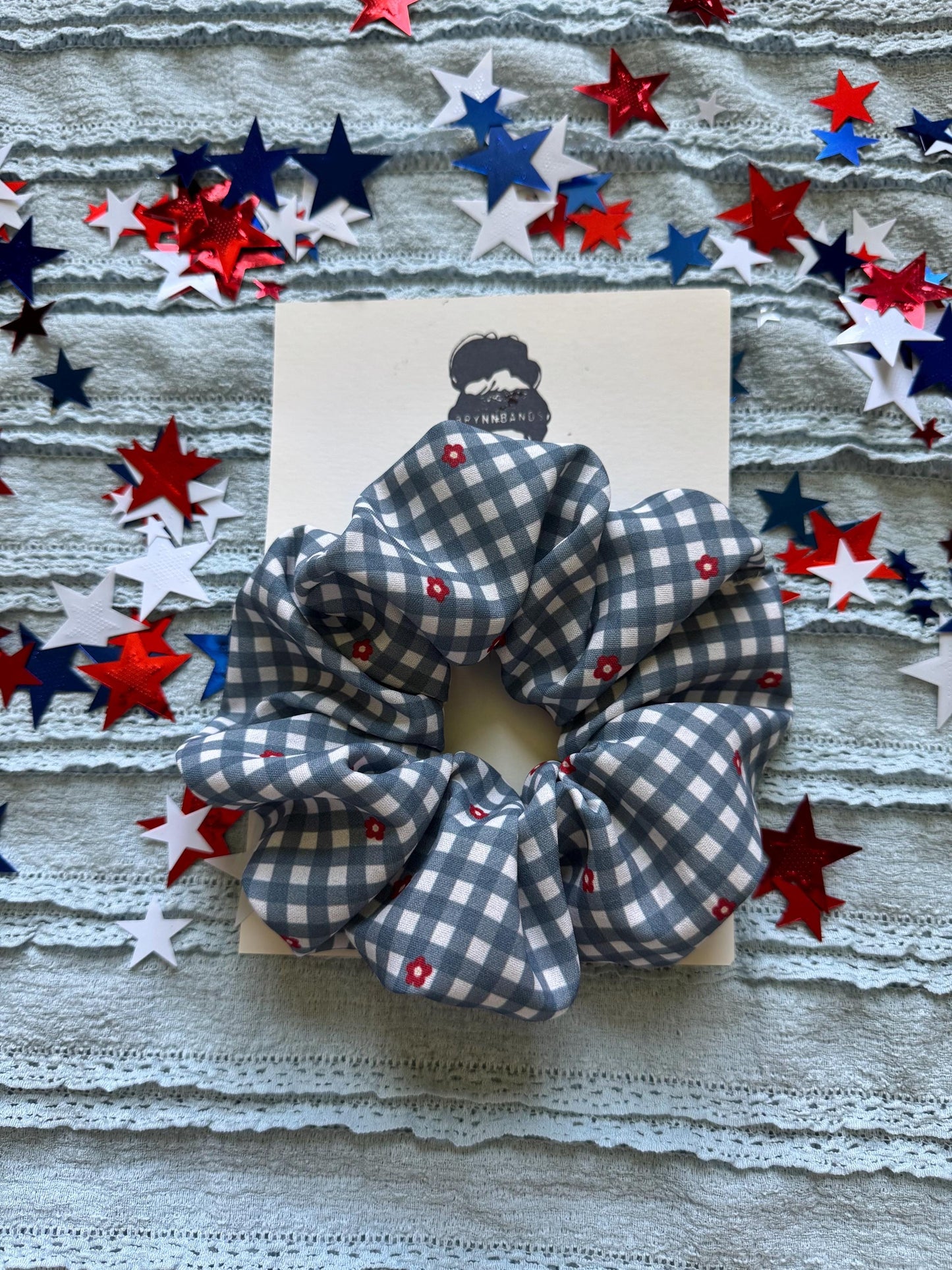 Floral Gingham Scrunchie: Red Bow, Patriotic Hair Accessory