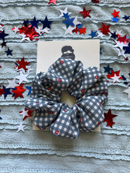 Floral Gingham Scrunchie: Red Bow, Patriotic Hair Accessory