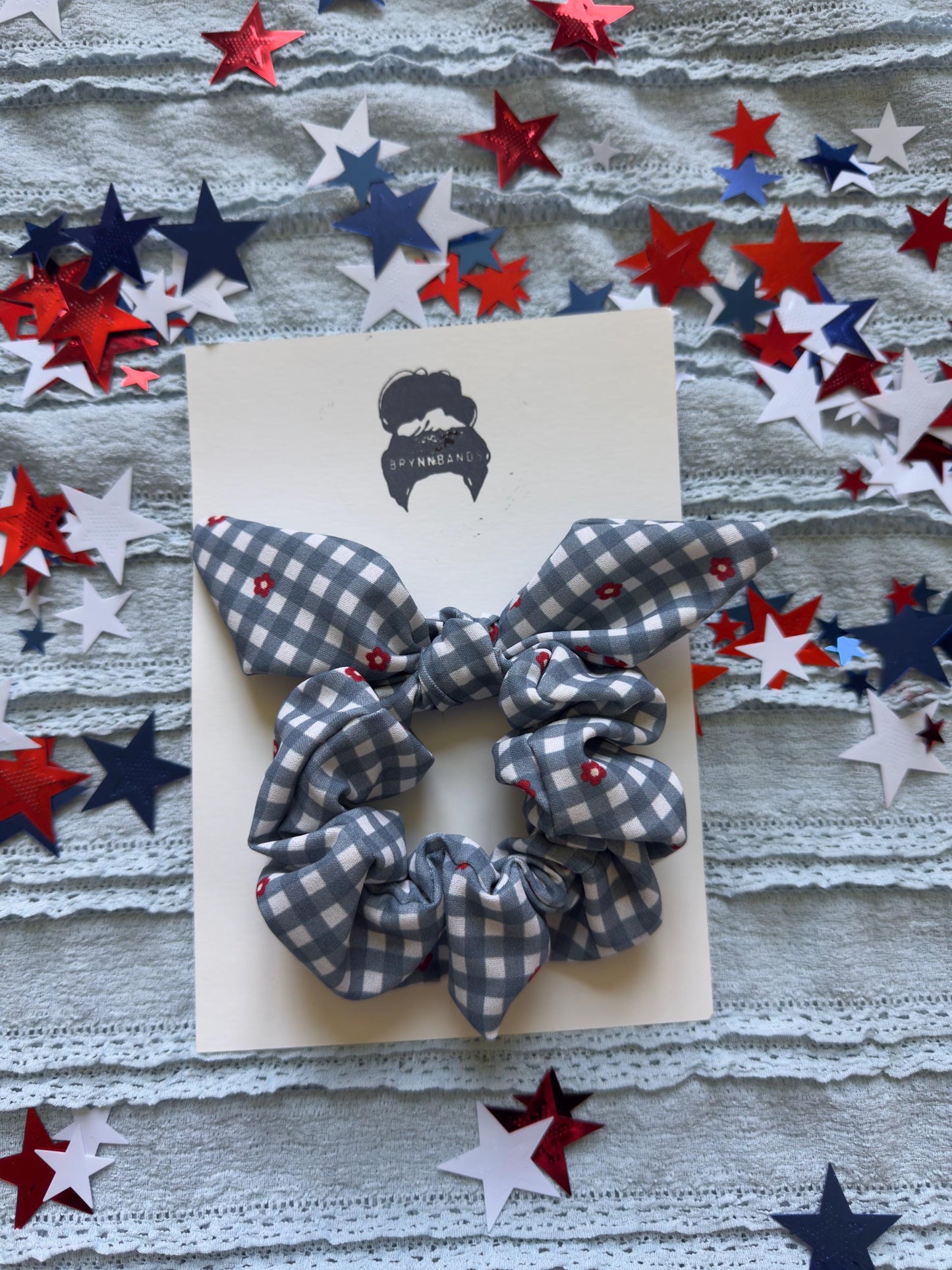 Floral Gingham Scrunchie: Red Bow, Patriotic Hair Accessory