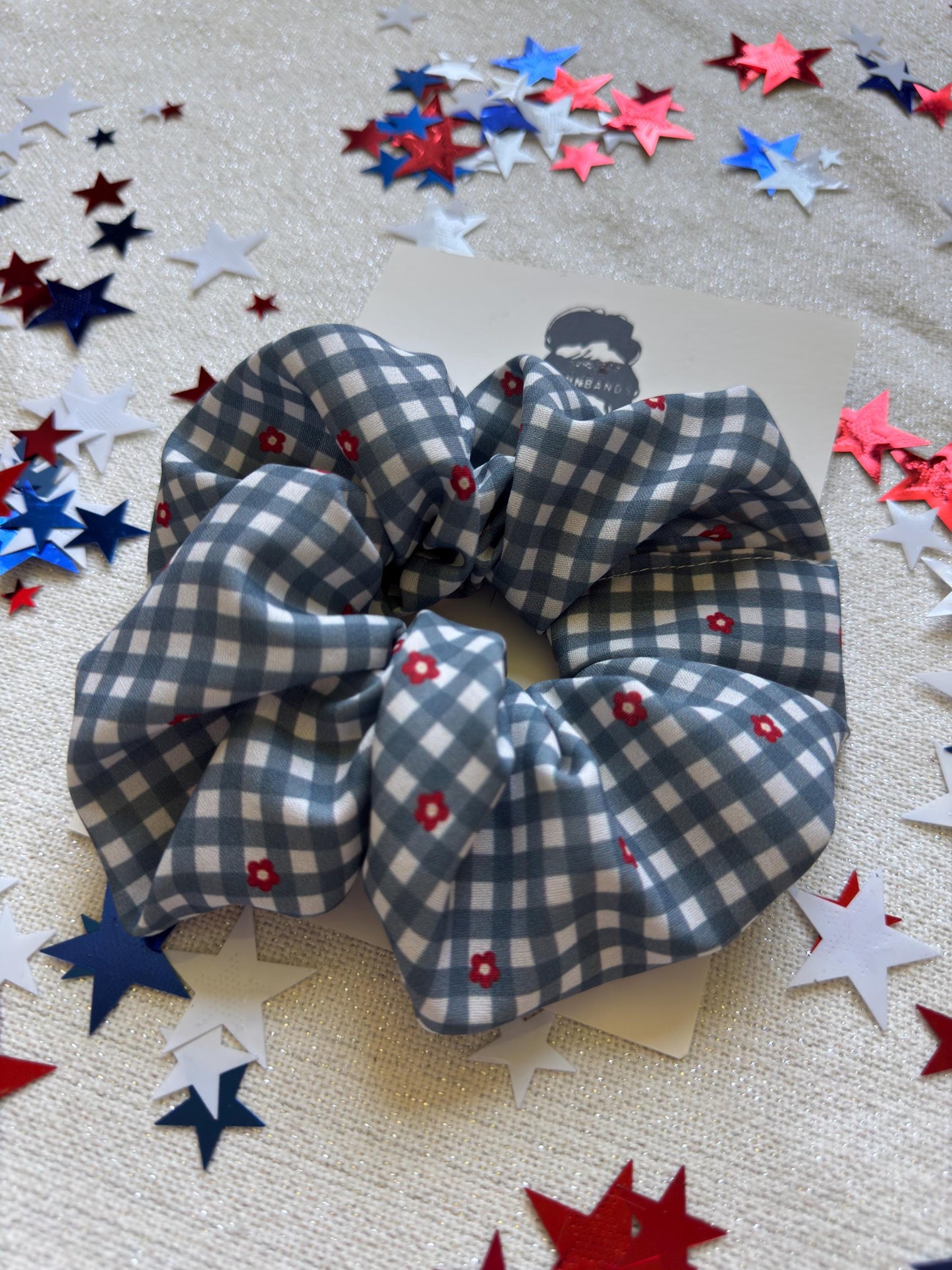 Floral Gingham Scrunchie: Red Bow, Patriotic Hair Accessory