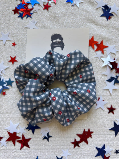 Floral Gingham Scrunchie: Red Bow, Patriotic Hair Accessory