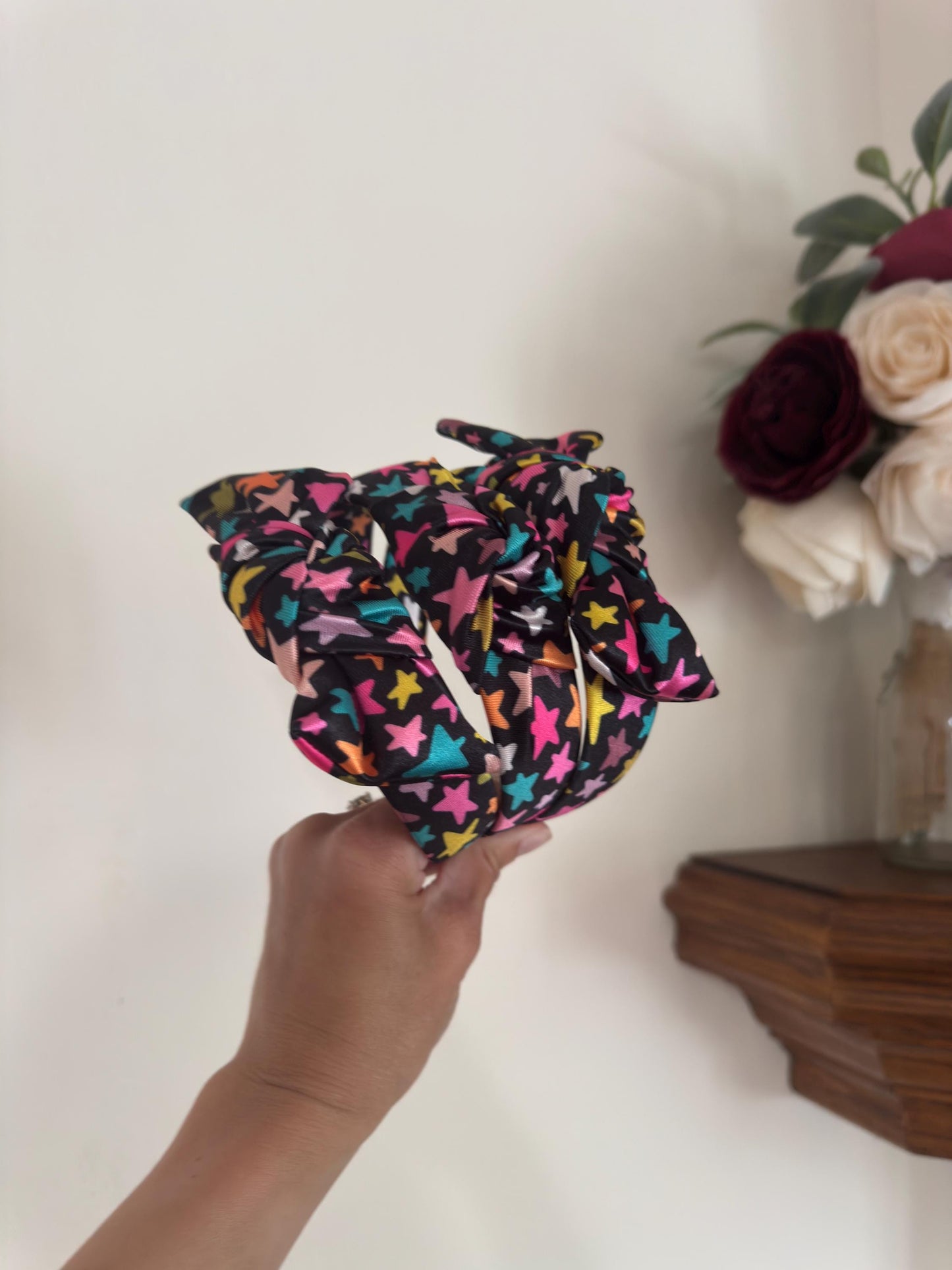 Stars Top Knot Headband, Satin Headband, Bendable Fit