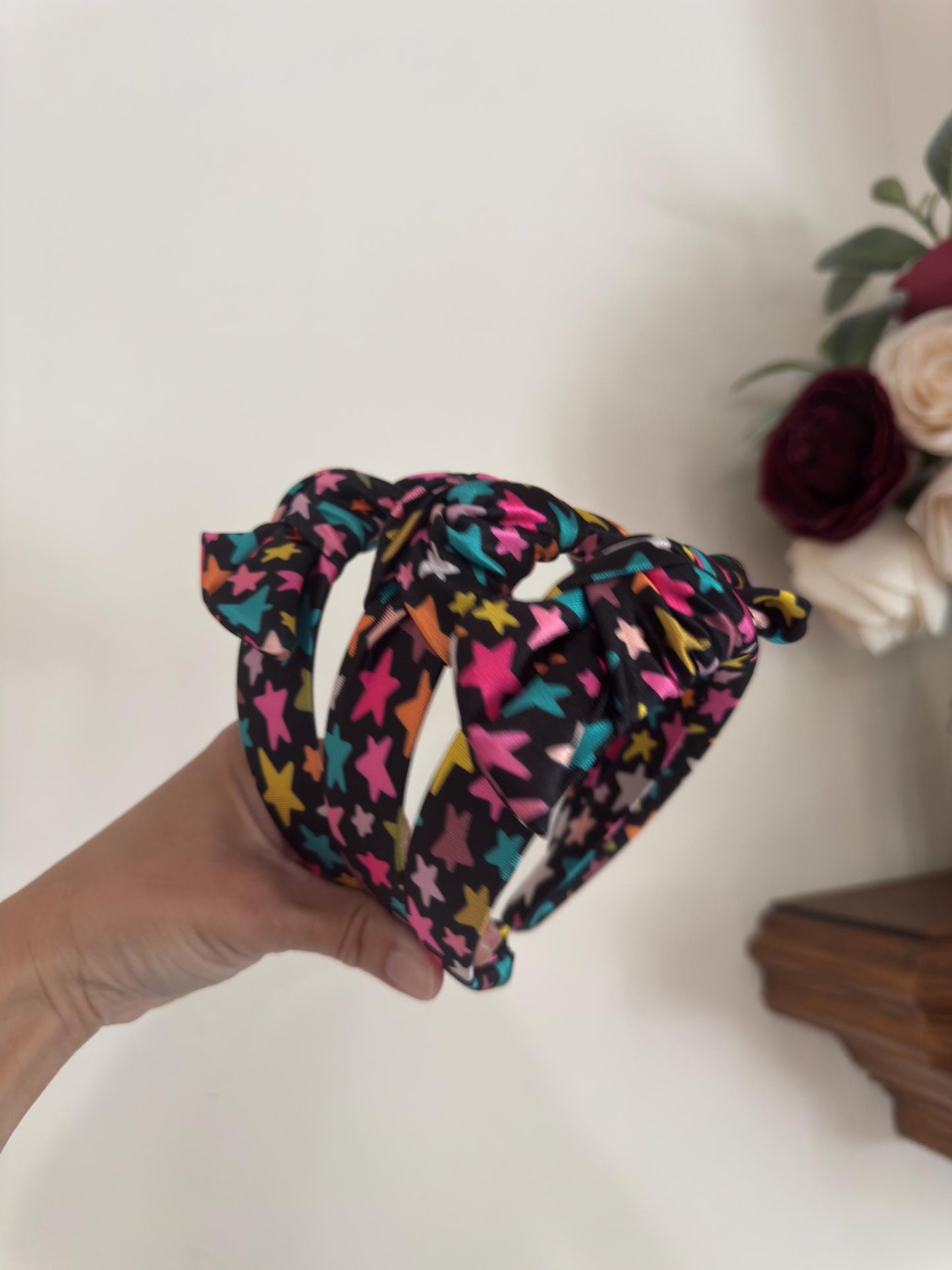 Stars Top Knot Headband, Satin Headband, Bendable Fit