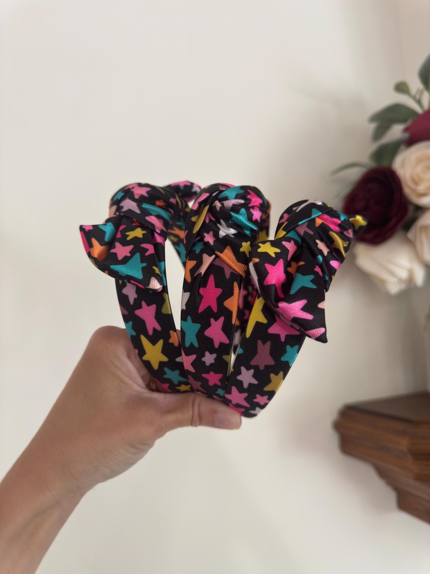 Stars Top Knot Headband, Satin Headband, Bendable Fit