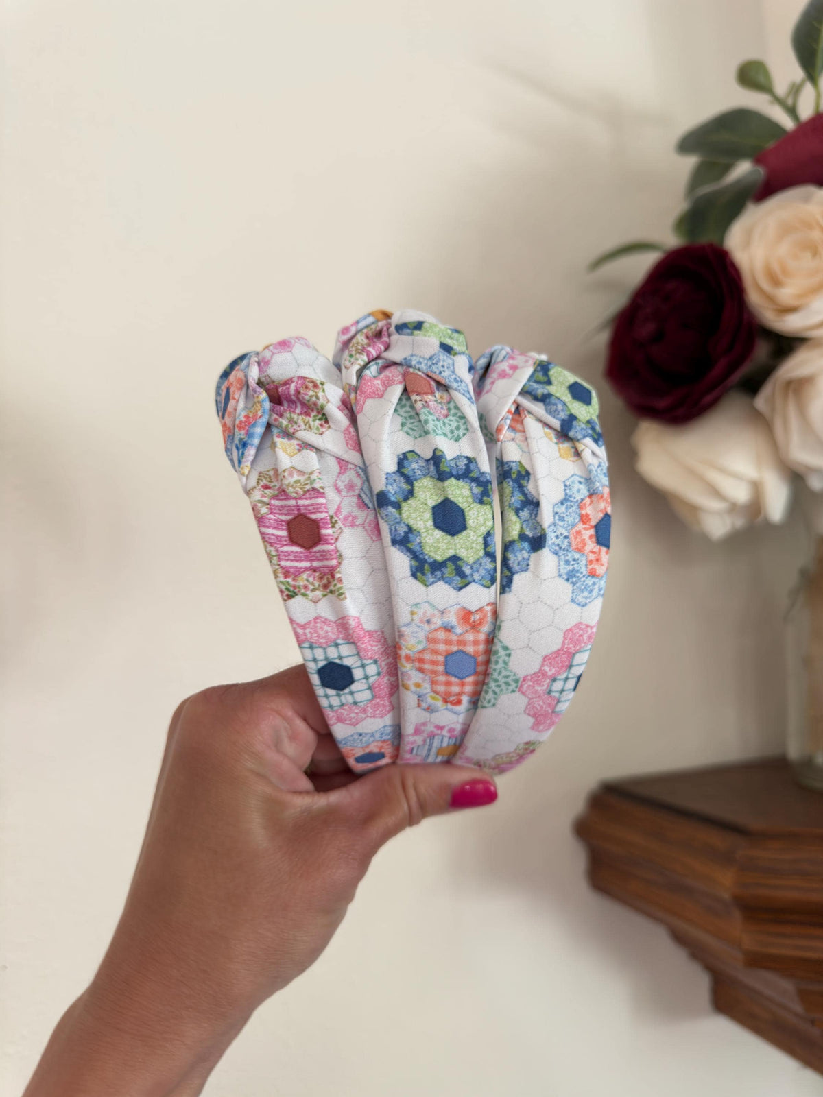 Faux Quilt handmade top knot Headband