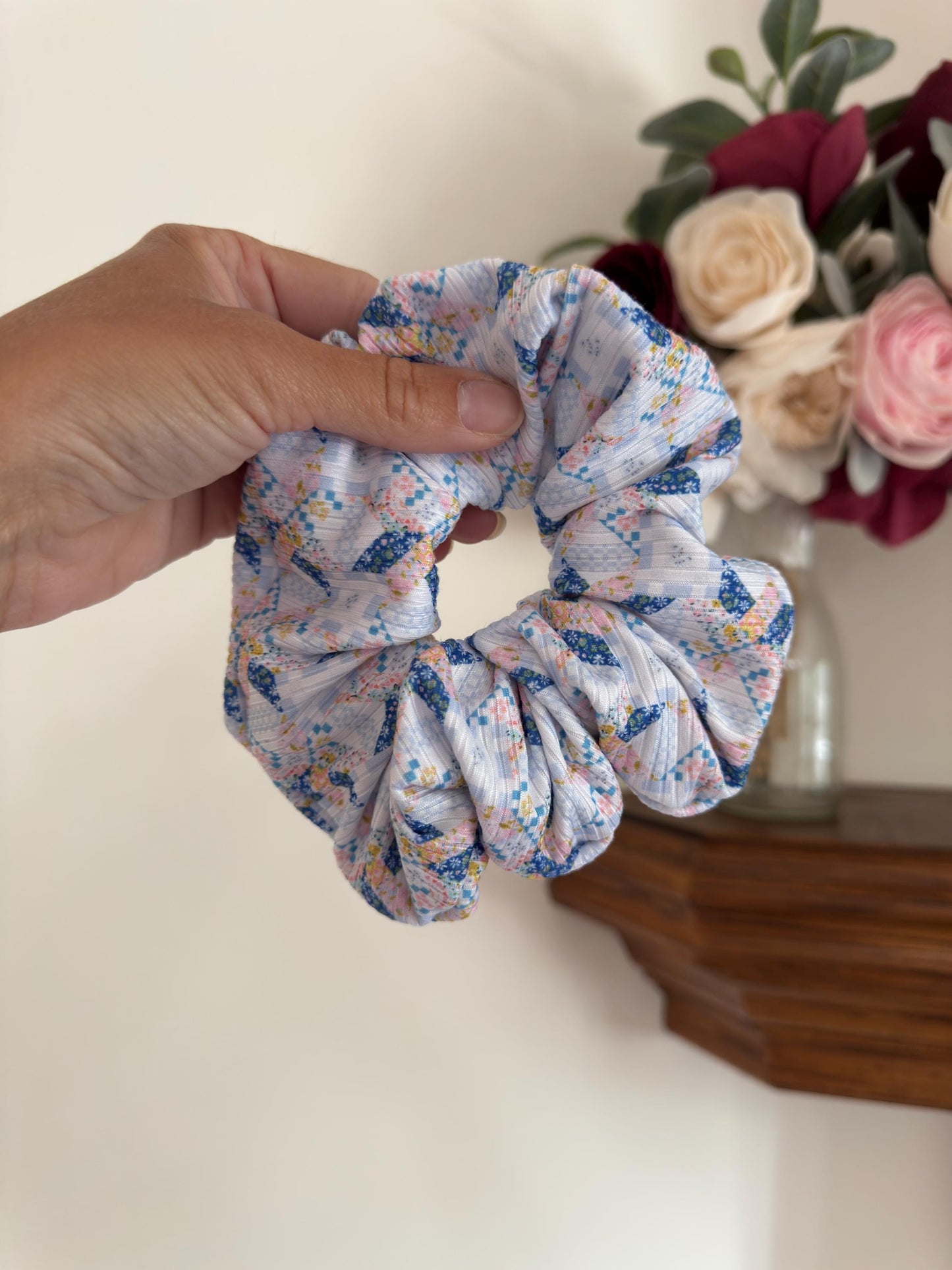 Blue Faux Quilted Scrunchie