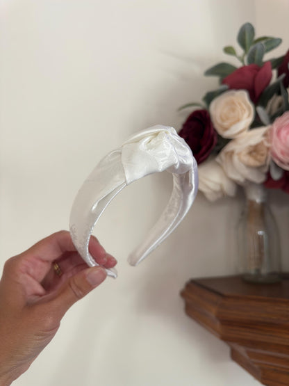 White Floral Satin Bridal Headband, Bride