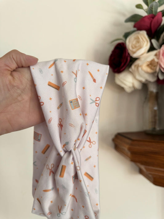 Neutral School Supplies Turban Headband: Soft Stretchy Fabric