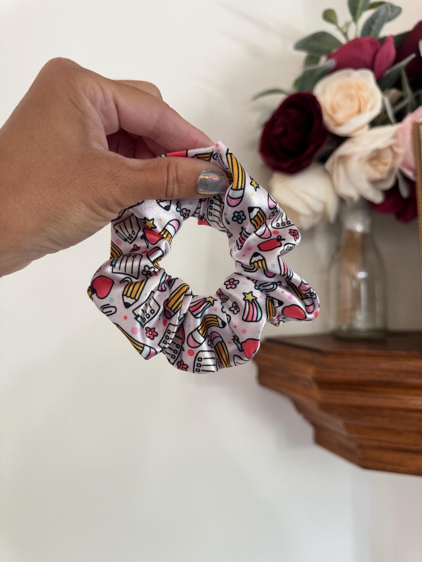 Pencils & Apples Satin Scrunchie: Back to School Hair Accessory