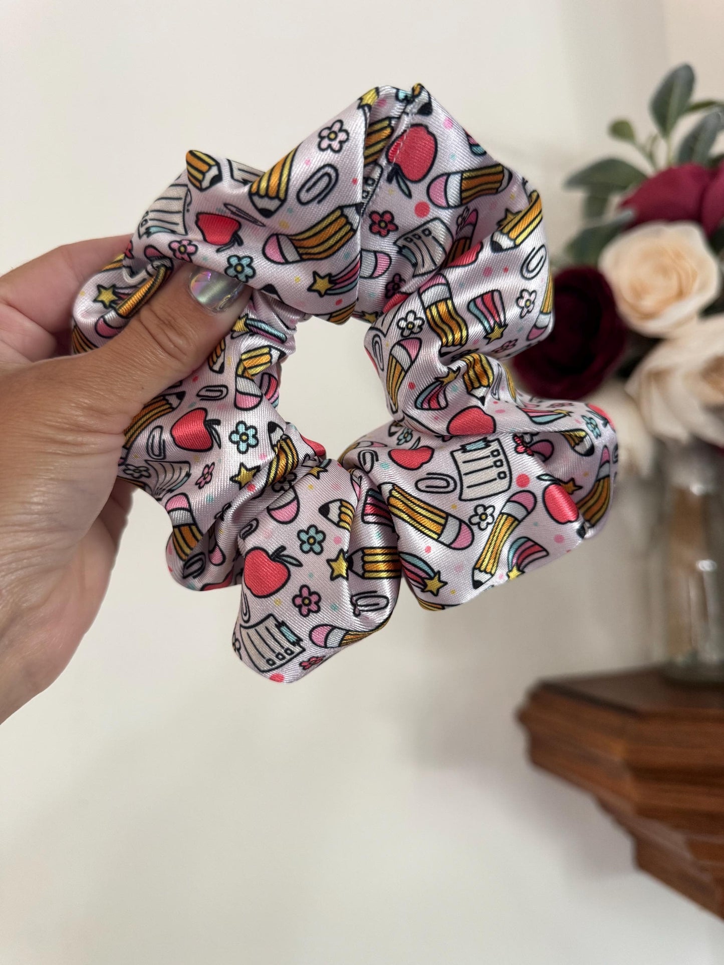 Pencils & Apples Satin Scrunchie: Back to School Hair Accessory