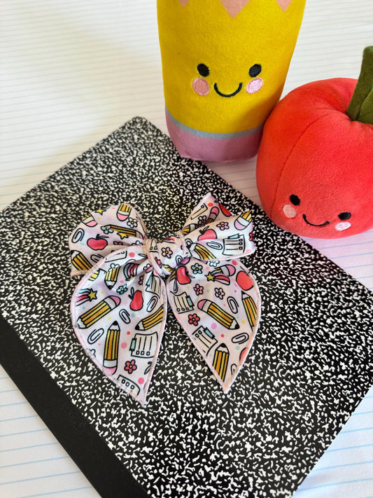 Pink School Supplies Fable Bow, Back to School Bow