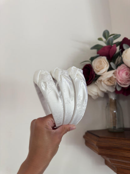 White Floral Satin Bridal Headband, Bride