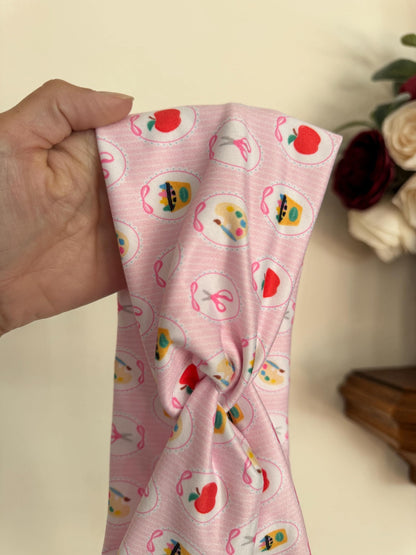 Pink School Supplies Turban Headband: Soft Stretchy Fabric
