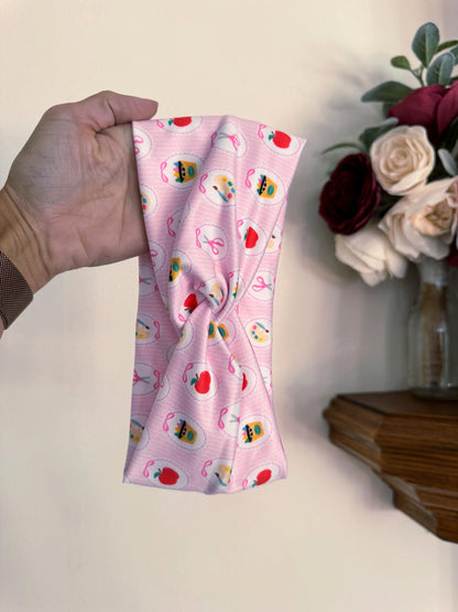 Pink School Supplies Turban Headband: Soft Stretchy Fabric