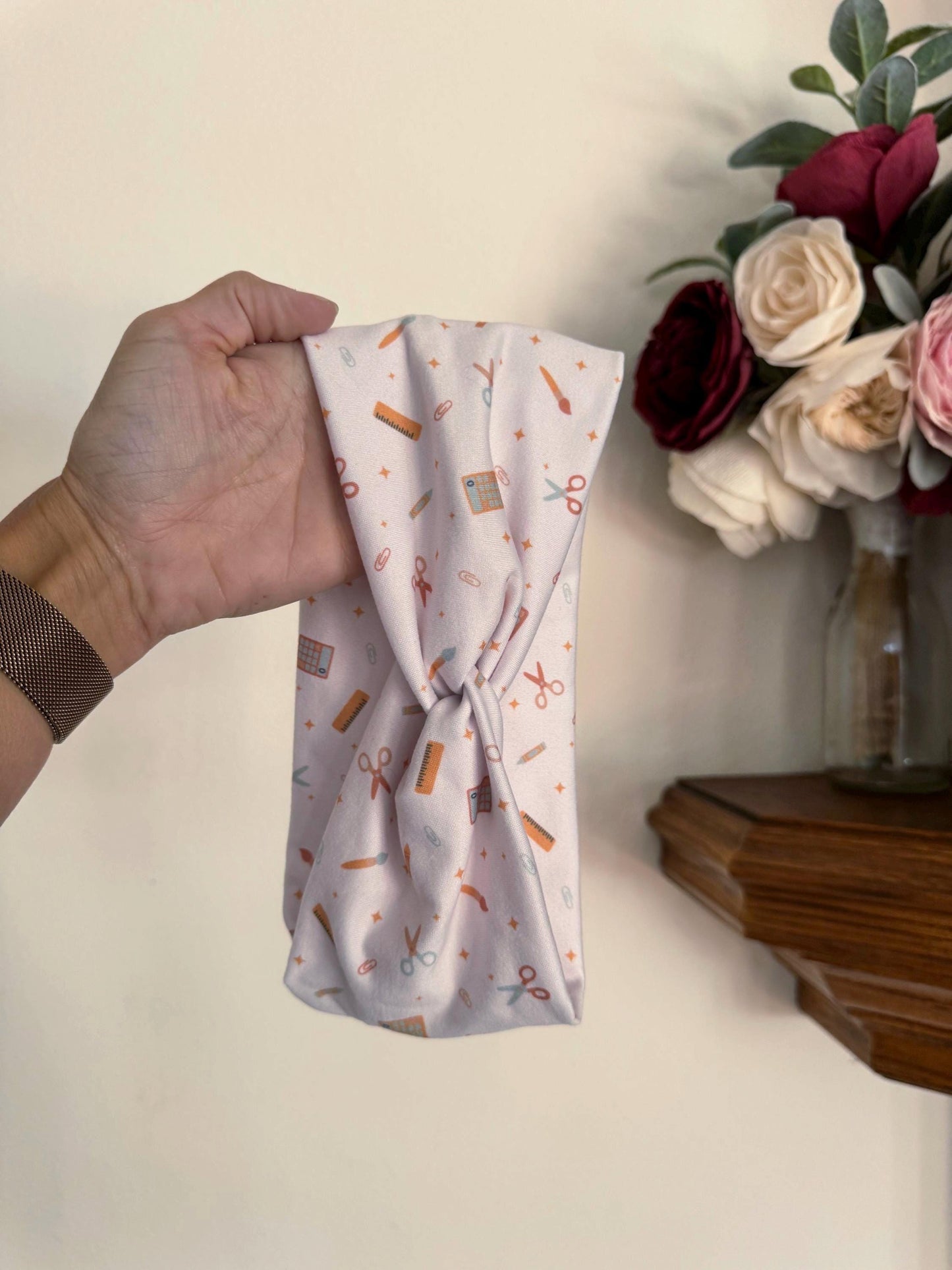 Neutral School Supplies Turban Headband: Soft Stretchy Fabric