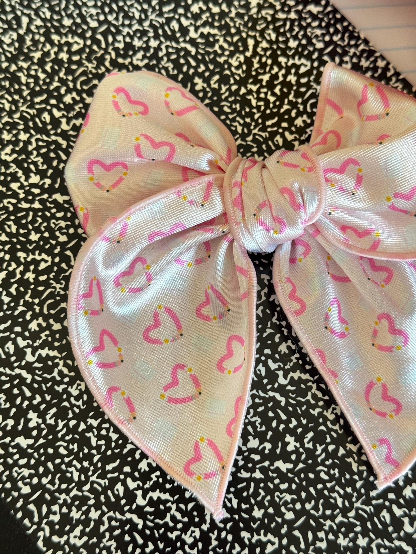 Pink Pencil Heart Fable Bow, Back to School Bow