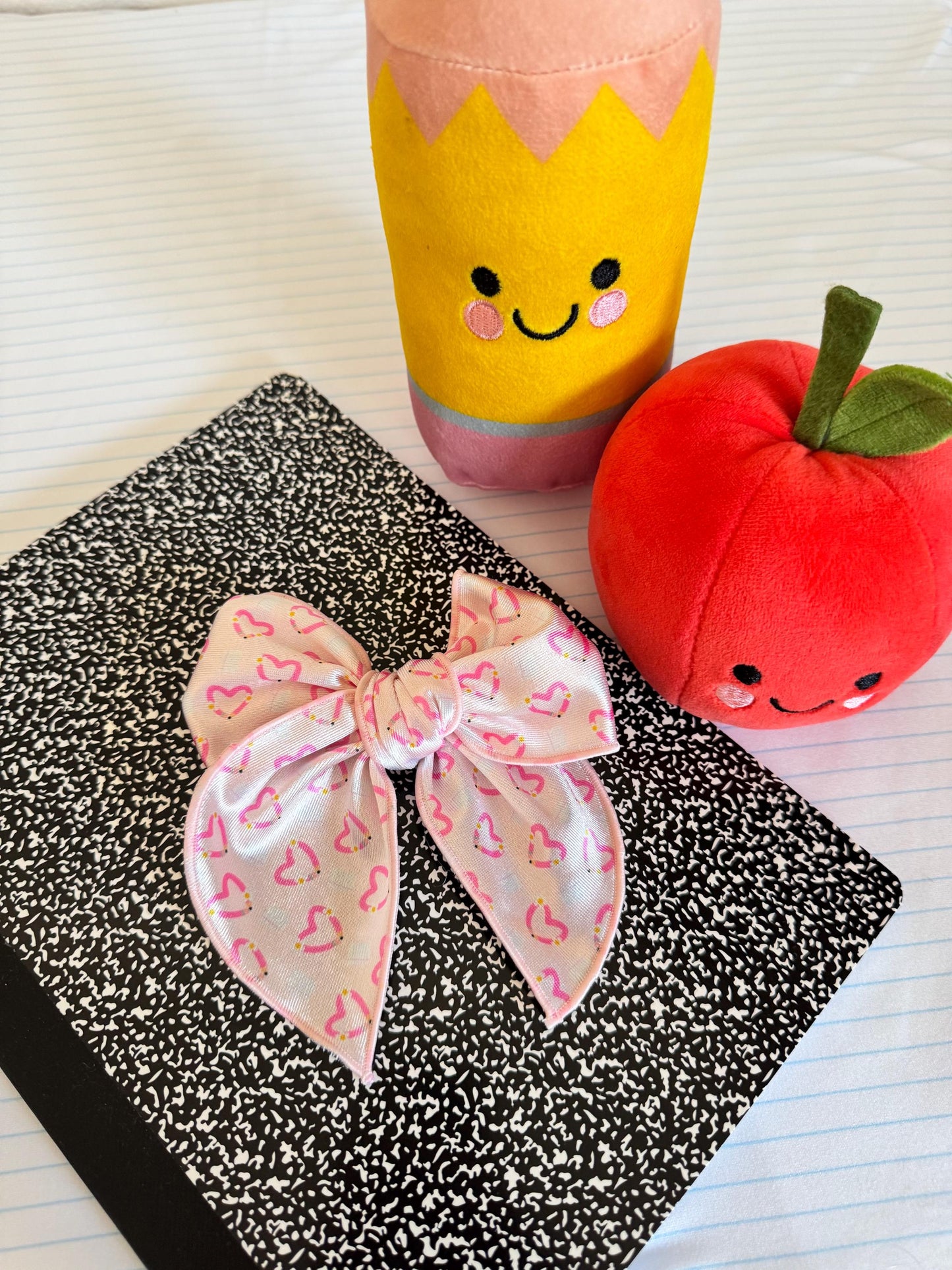 Pink Pencil Heart Fable Bow, Back to School Bow