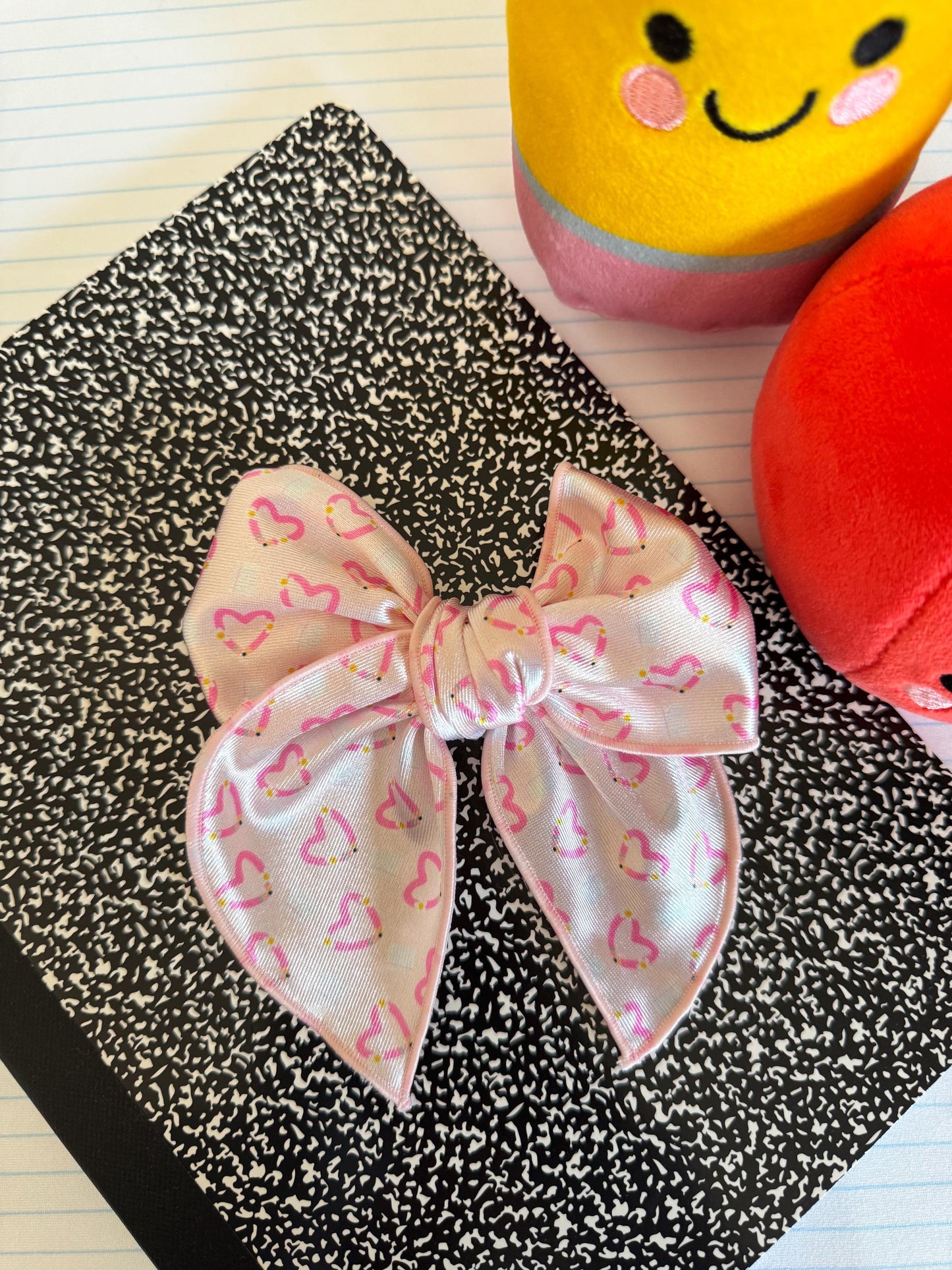 Pink Pencil Heart Fable Bow, Back to School Bow