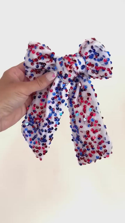 Red White Blue Sequin Bow Barrette - 4th of July Hair Clip
